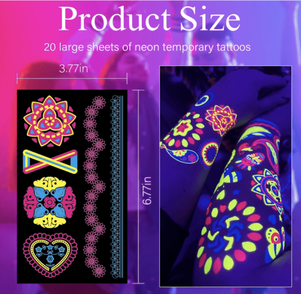 A product size of 2 0 large sheets of neon temporary tattoos.